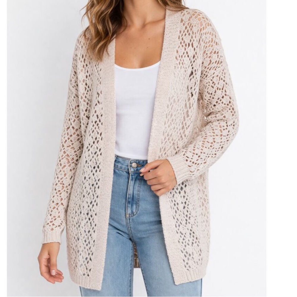 moon & madison Open-Front Crochet Cardigan - Light Cream